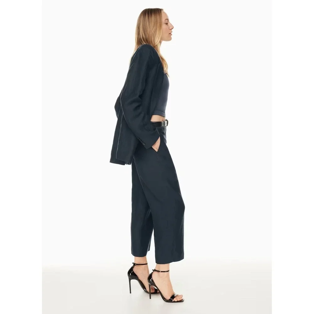 Babaton Agency Linen Cropped High Rise Straight Leg Pant Womens 2 Navy Blue $148